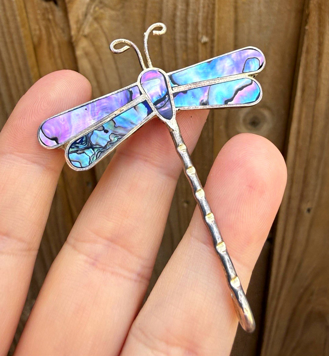 Dragonfly Brooch Pin Silver Tone Mother of Pearl/Abalone Shell Inlay