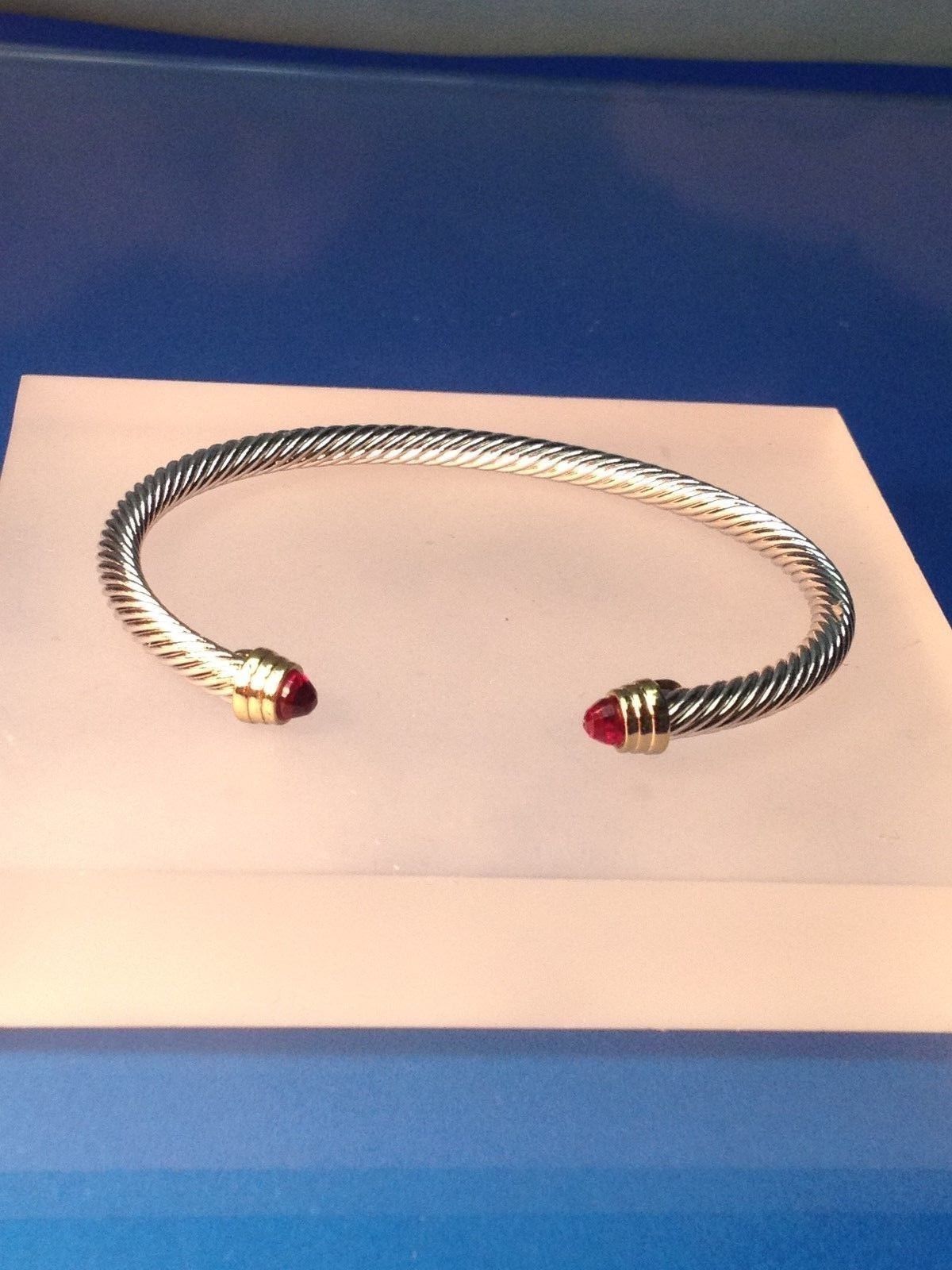 DESIGNER INSPIRED BANGLE SILVER FINISH GOLD CRYSTAL TIPS CLASSIC CUFF BRACELET