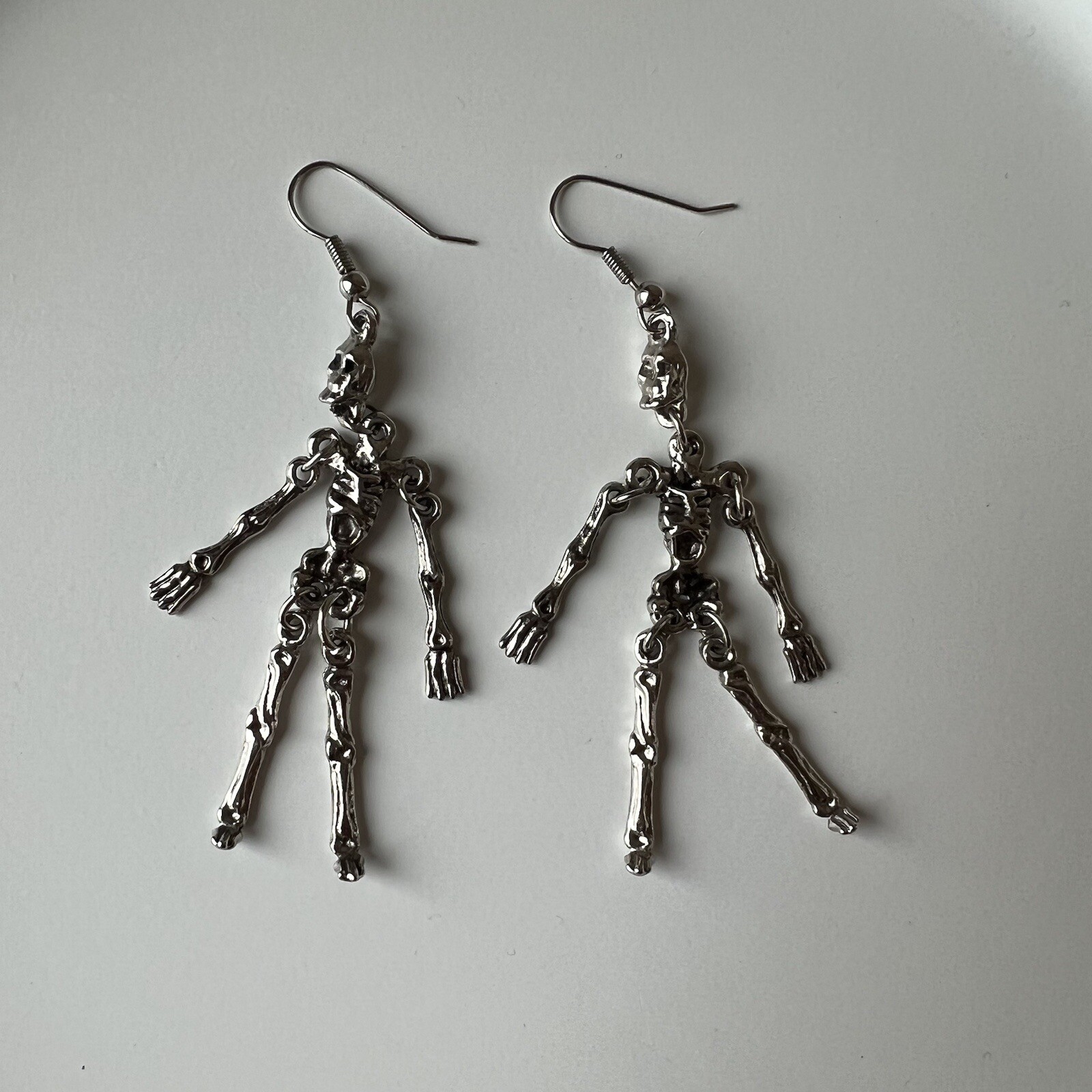 Skeleton Halloween Dangle Earrings Silver Tone Spooky Scary Movable Jewelry