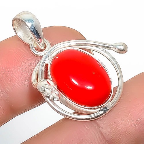 Red Coral Gemstone 925 Silver Plated Pendant 1.17″ P7449-15