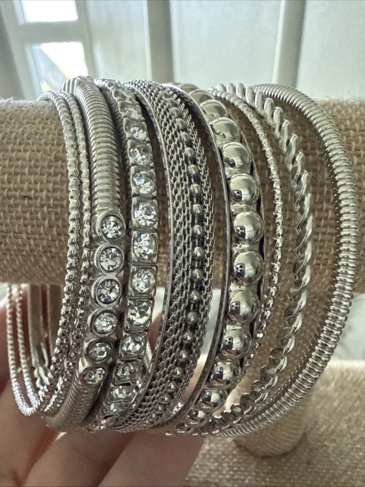 New Retro Anthropology Multi Crystal Stretch Bracelet and 9 Silver Bangles