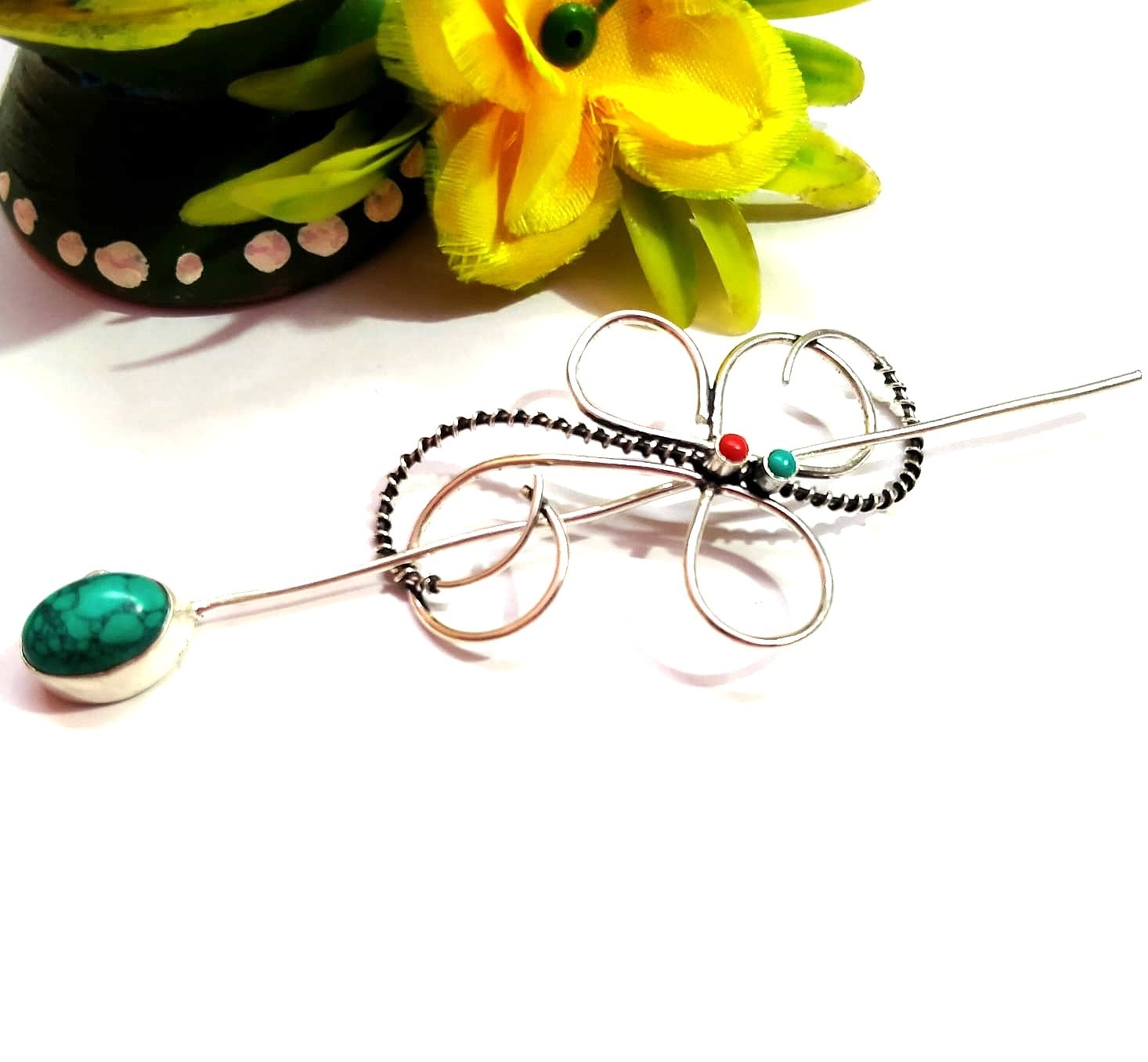 Blue Turquoise Red Coral Handmade Gemstone Hair Pin 925 Sterling Silver Jewelry