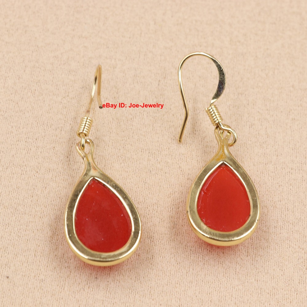 New Gold Plated Heated Red Jade Pear-Shaped Dangle Earrings 38mm H