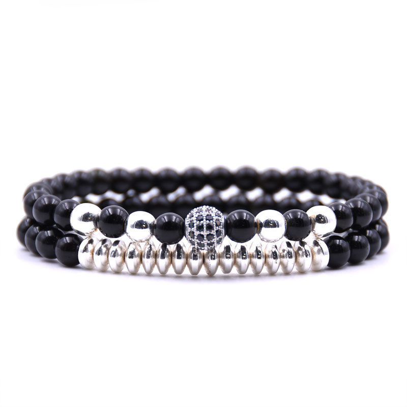 Couple Bracelets Micro Pave Zircon 6mm Bright Black Gemstone Beads Bracelets Set