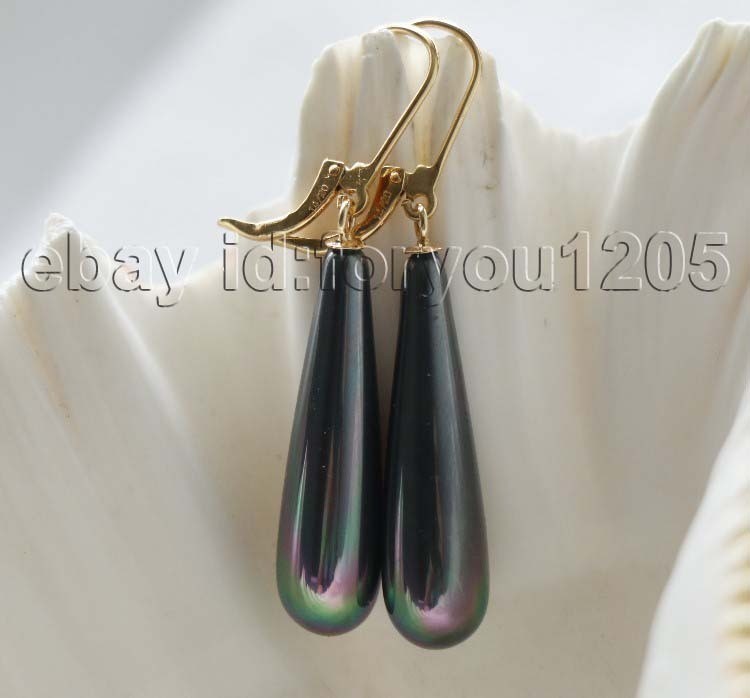 Natural 8.5x30mm Black Drip Shell Pearl Earrings Dangle 14k #f3370!