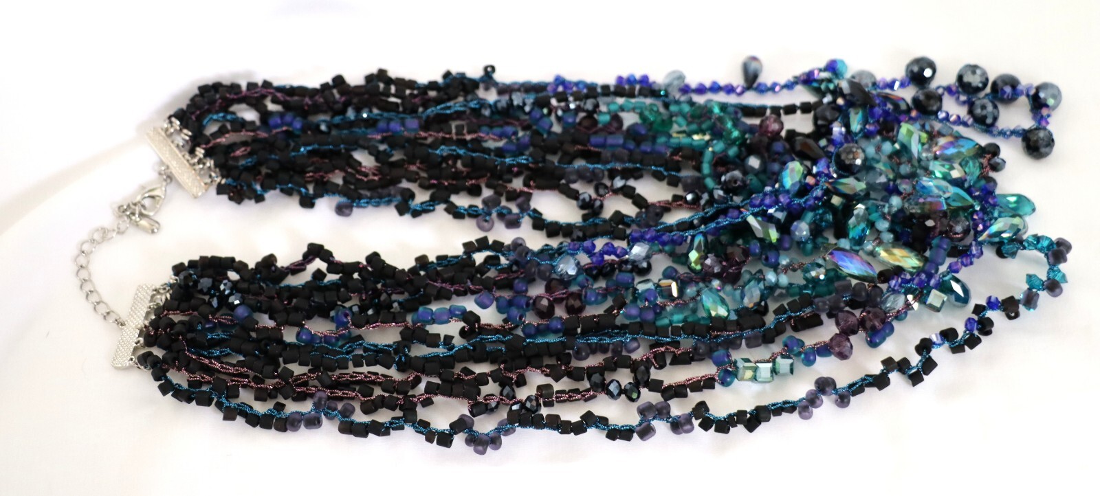 Multi-Strand Blue Black & Multicolor Crystal & Seed Bead Necklace 21-24″