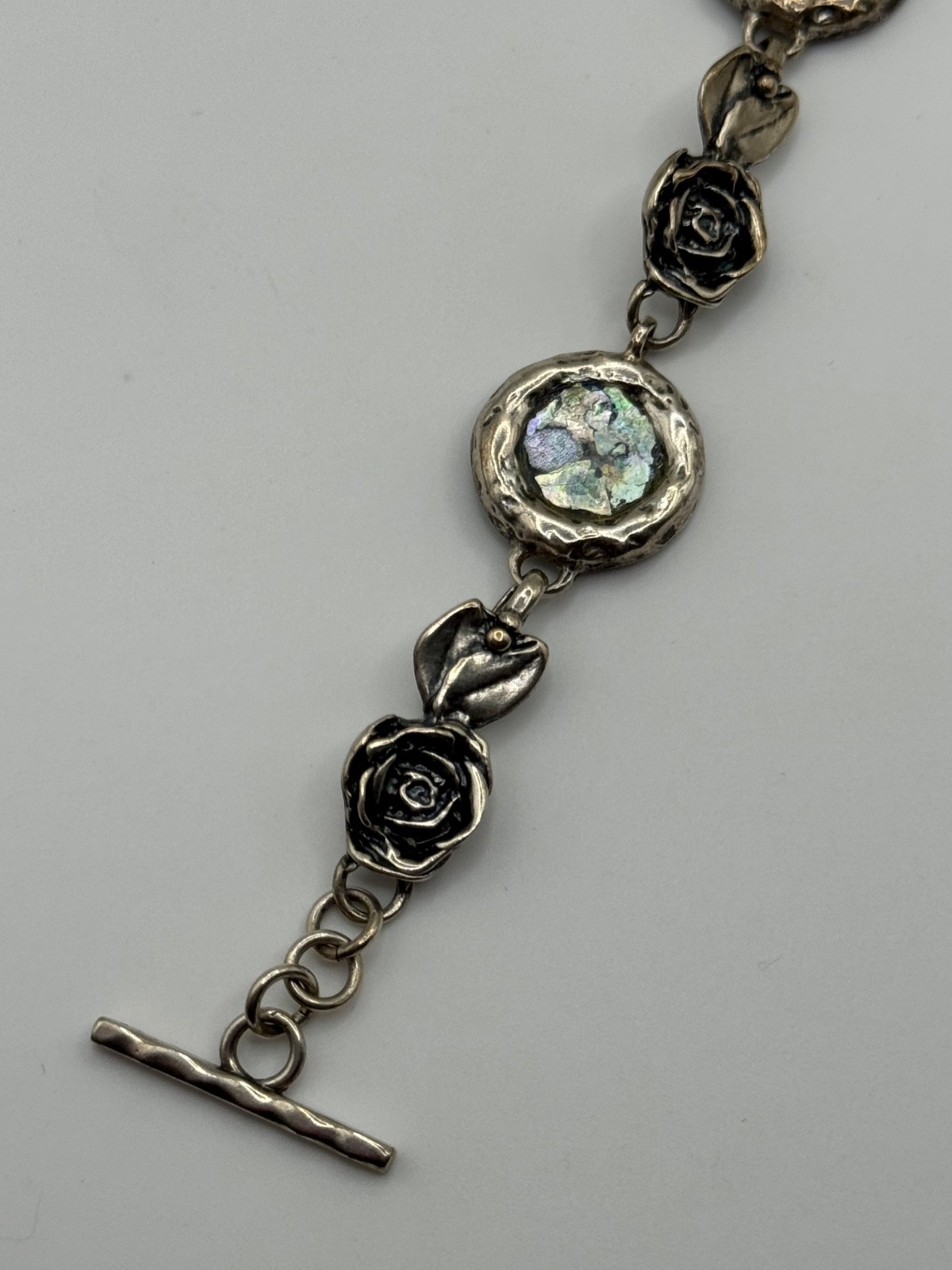 Luli Hamersztein Sterling Silver Roman Glass Rose Flower Toggle Bracelet