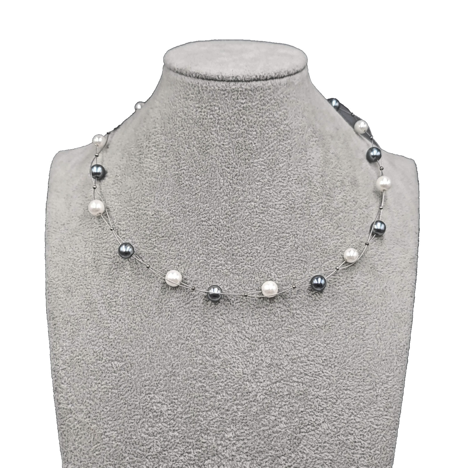 Faux Pearl White Gray Floating Bead Necklace Silver tone 18″ – 20″