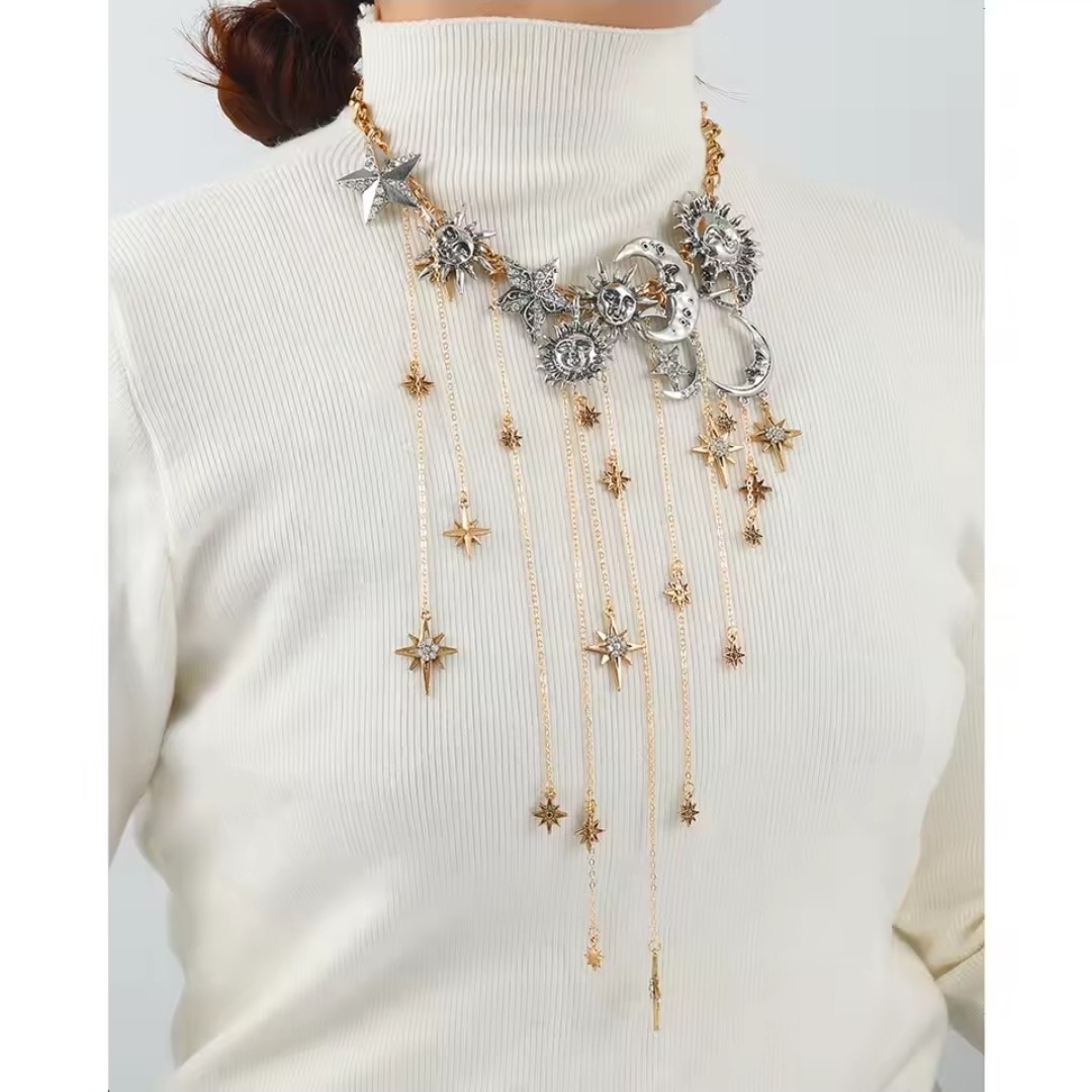 Gold & Silver Tone Celestial Star Charm Layered Statement Link Necklace