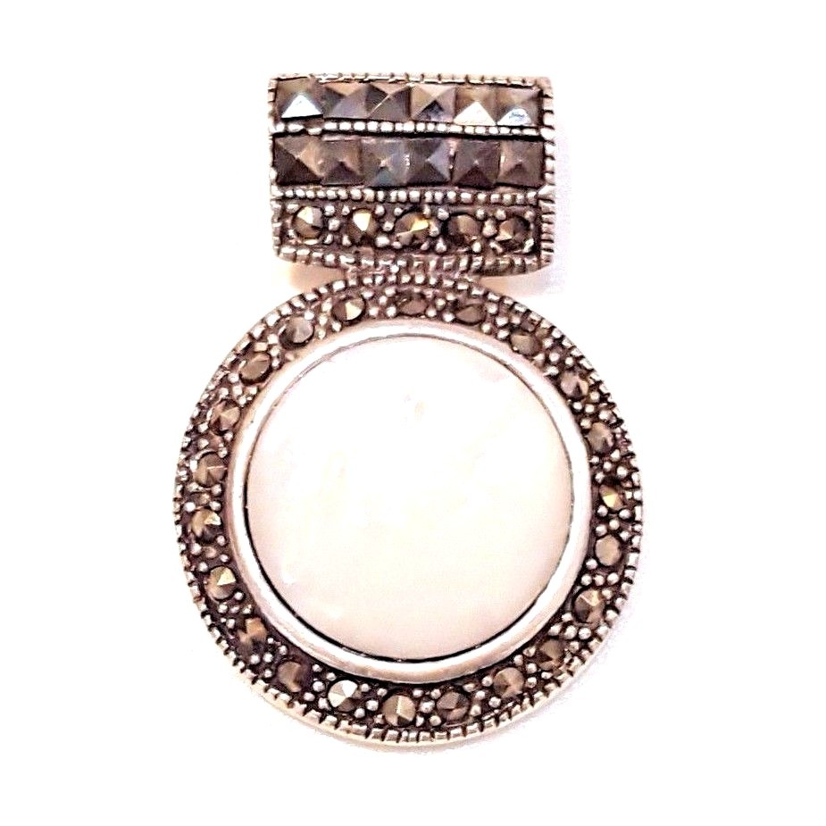 Round MOTHER OF PEARL STONE PENDANT & Marcasite .925 STERLING SILVER