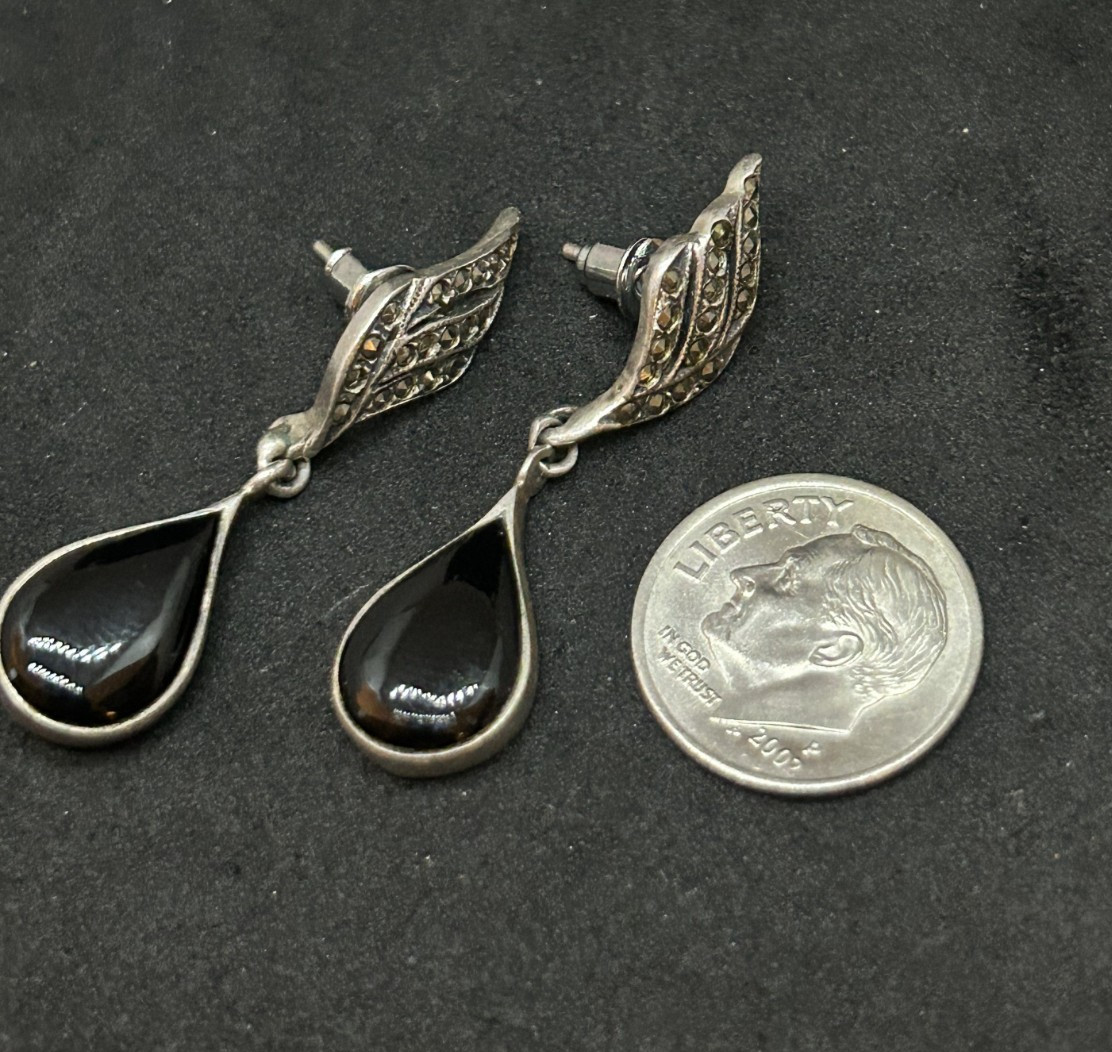 925 Sterling Marcasite Onyx Dangle Tear Drop Earrings 1.5in – 6.0g