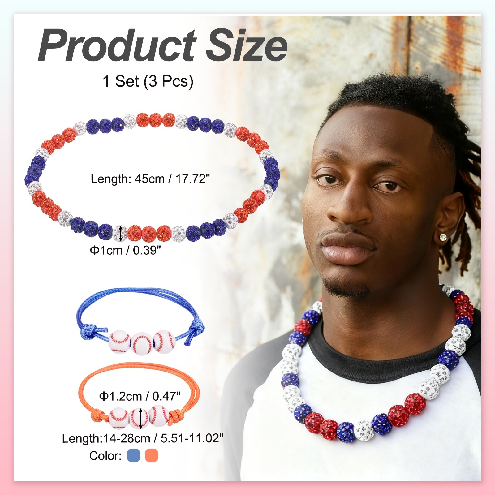 3Pcs, Baseball Necklace 18″ Bling Beaded Chain Bracelet Orange/Blue
