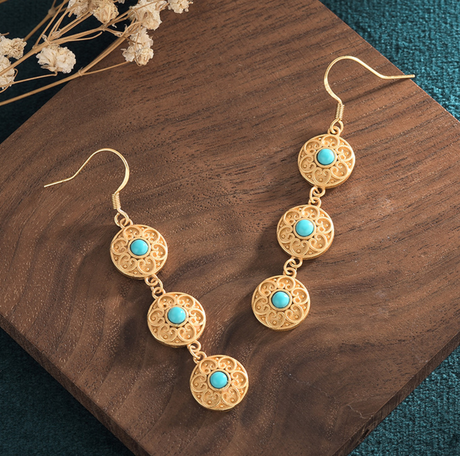 Natural Turquoise Bohemian Drop Dangle Earrings Gemstone Hook 18K Gold Plated