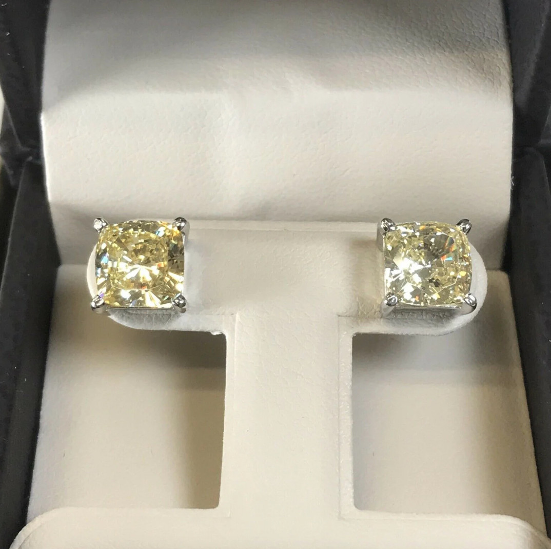3 Ct Studs Diamond Earrings Cushion Fancy Canary Yellow Man Made 14k Solid Gold