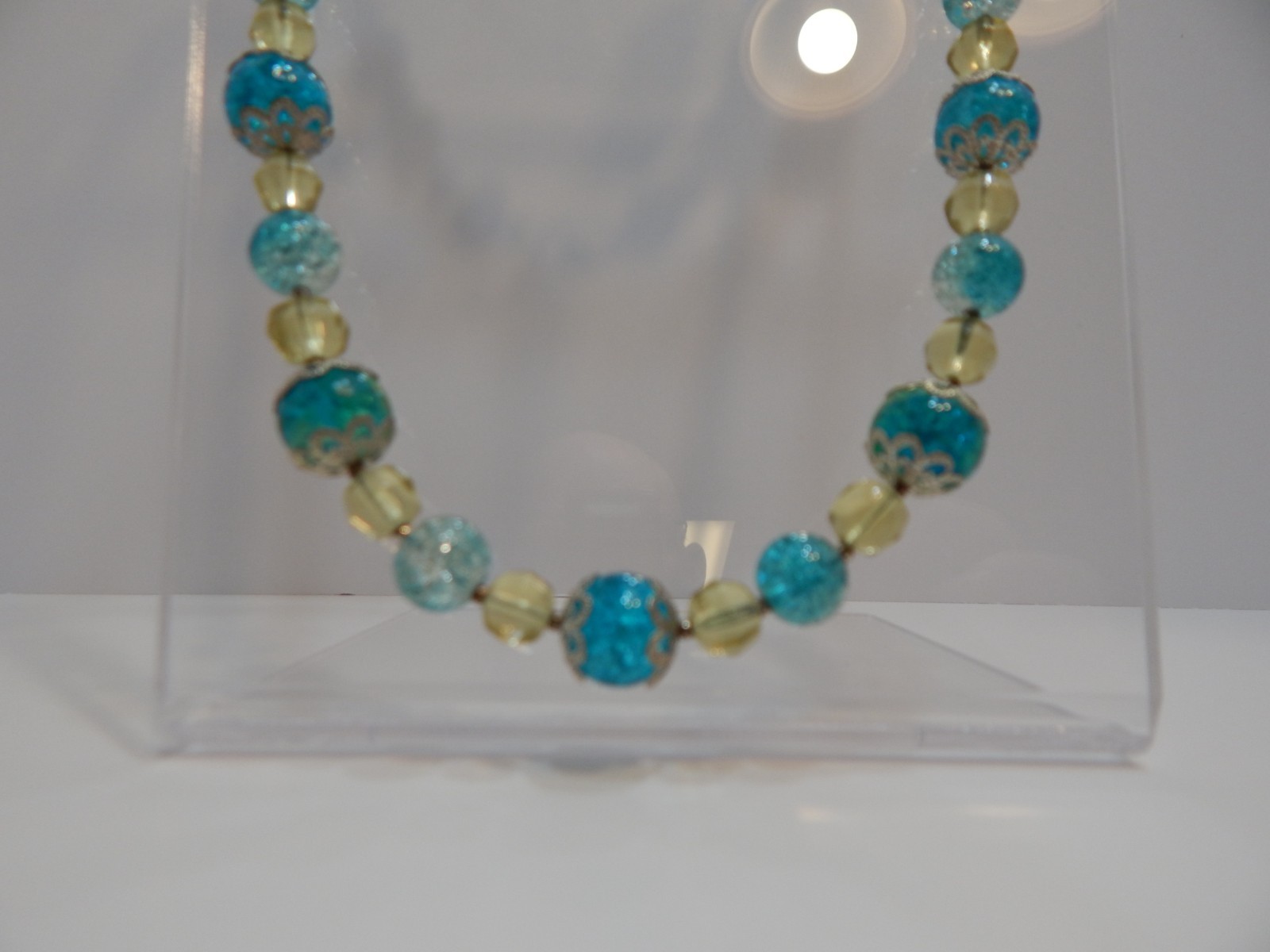 necklace women 27in Blue/Green Cracked glass with silvertone bead caps (A3)