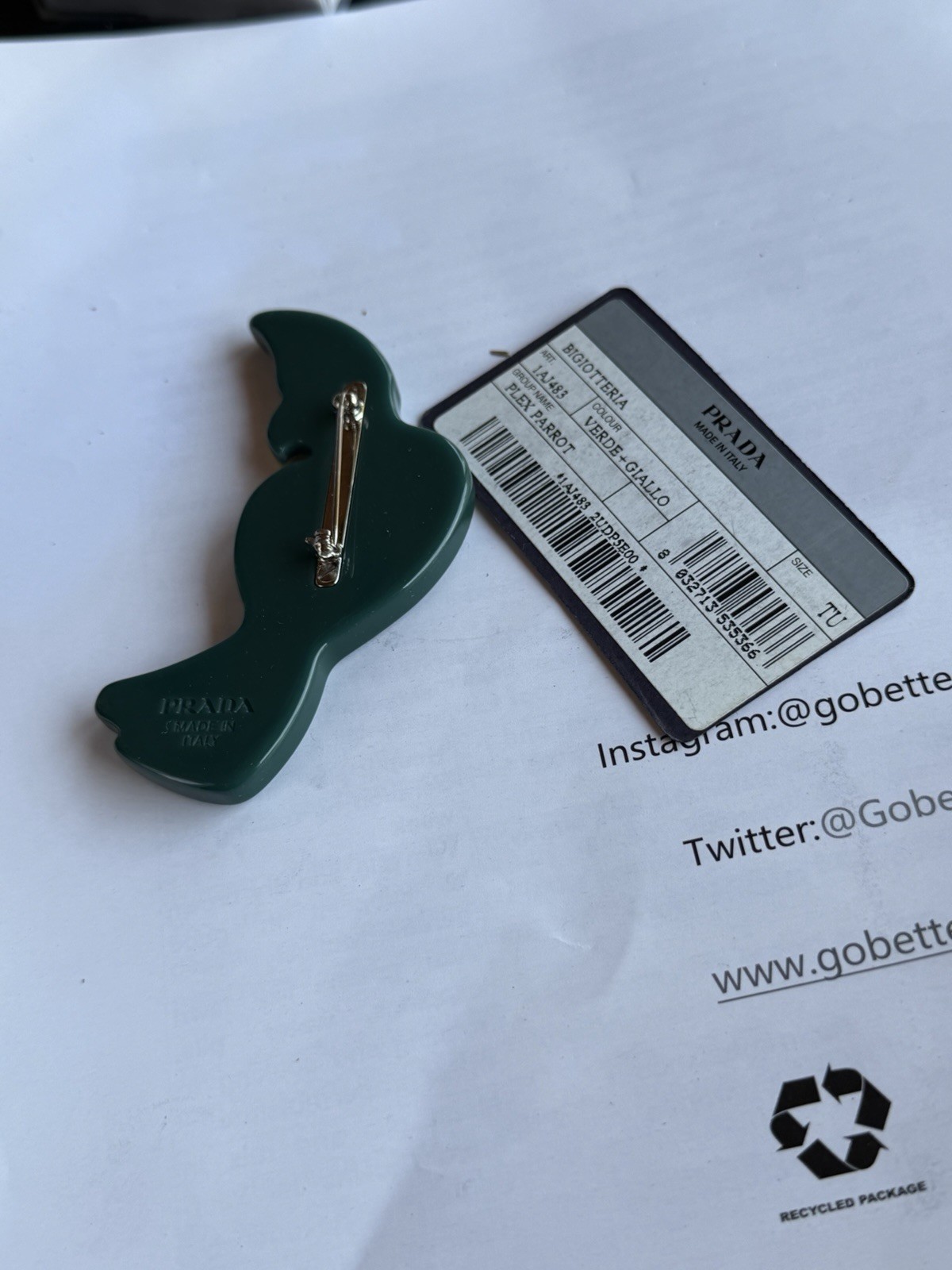 PRADA Bird/Parrot Brooch Leather Green Red Yellow Blue Signed Engraved Italy