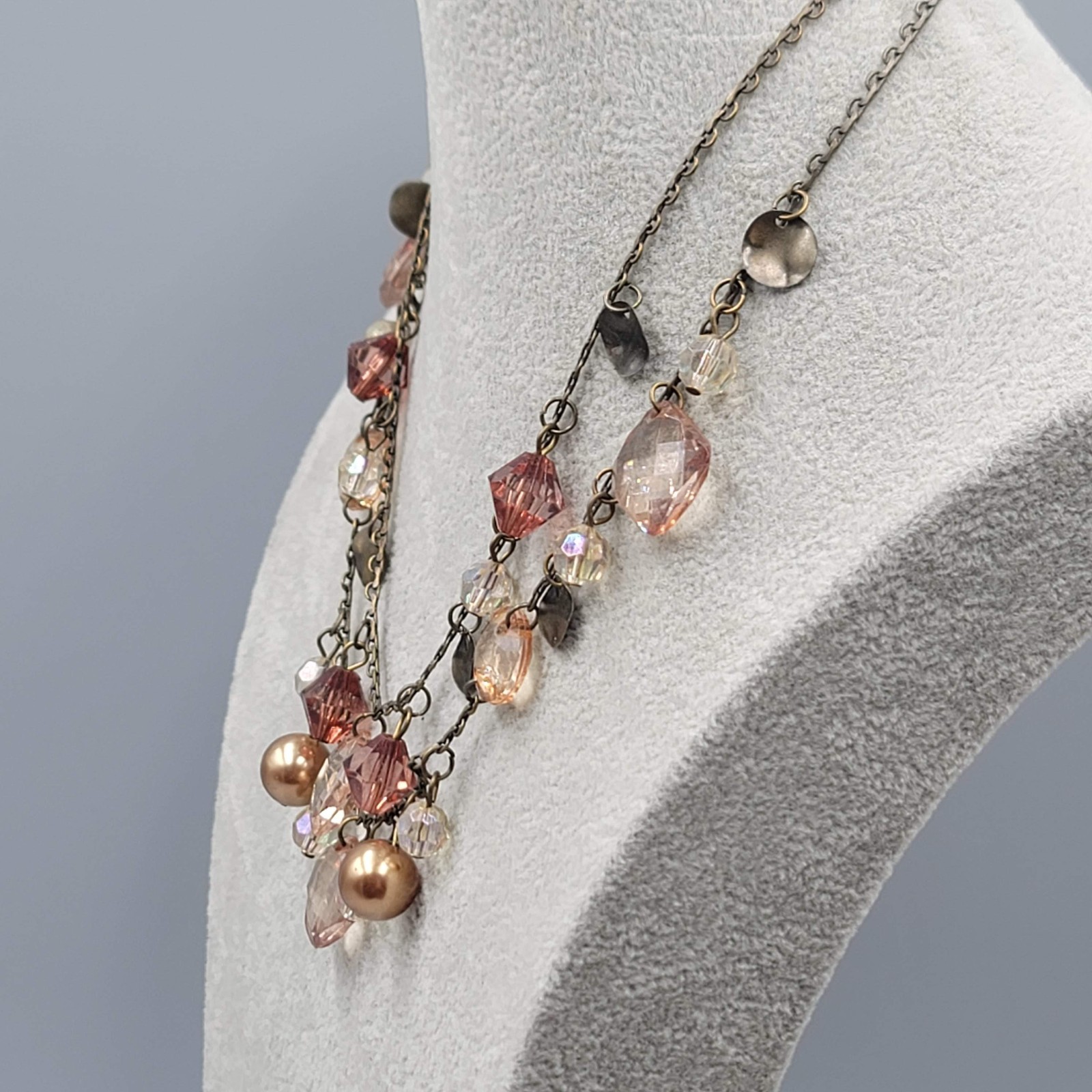 Premier Designs Amber Rose Bead Necklace Bronze tone Layered Adj 18″