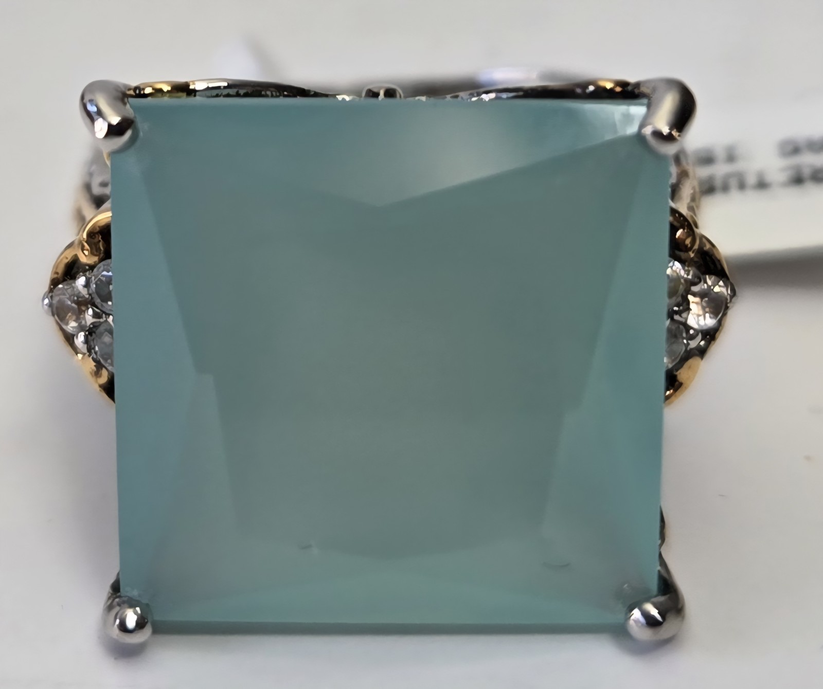 Vtg Gems en Vogue Princess Cut Seafoam Chalcedony, White Zircon Ring 925 sz 7.75