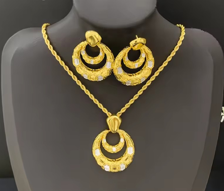45cm African Dubai 18K Gold Plated Bride Double Layer Earrings Pendant Necklace