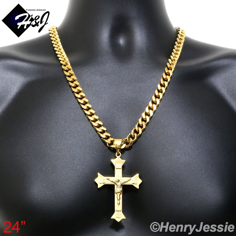 18″-40″MEN Stainless Steel 9mm Gold Plated Cuban Curb Chain Cross Pendant*GJ28