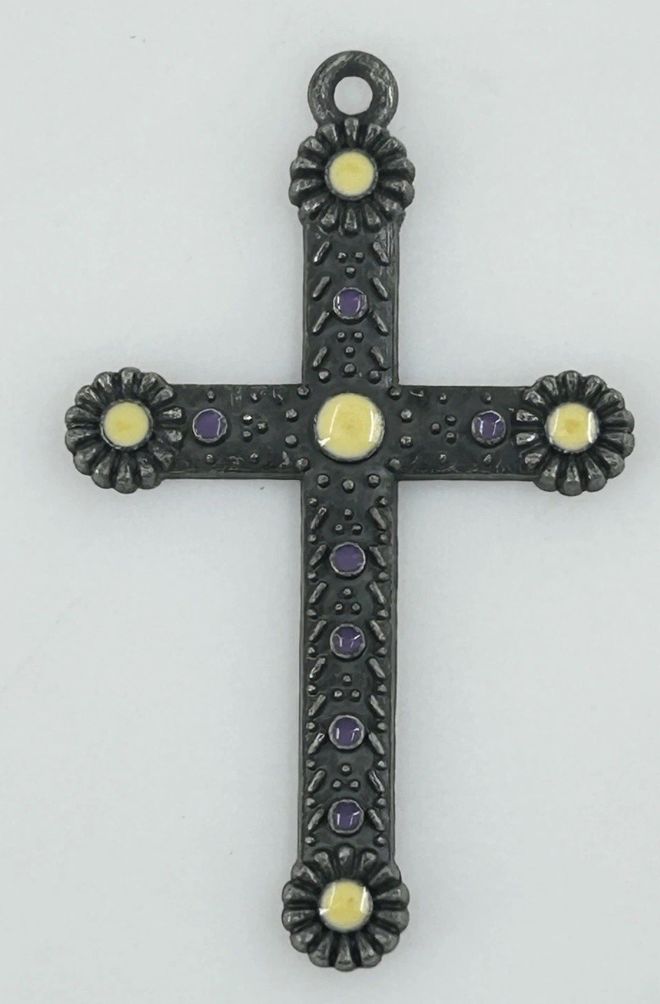 Vintage Cross Pendant Antiqued Yellow Enamel Christian Jewelry 1 3/8 Inch