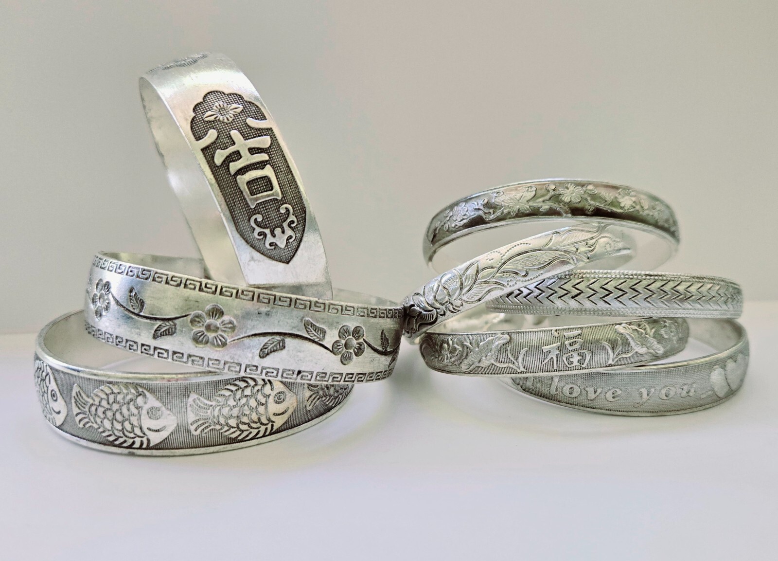 Woman Tibetan Bangle Bracelet Silver Tone Totem Carved Stackable bulk 10 pc