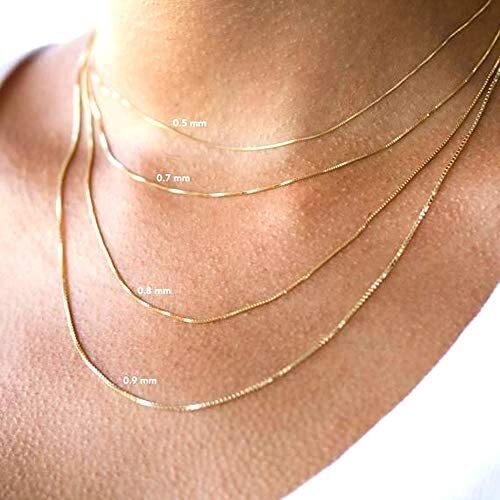 14k Real Solid Gold Box Style Chain Necklace, 0.6mm (13 Inches, Yellow Gold)