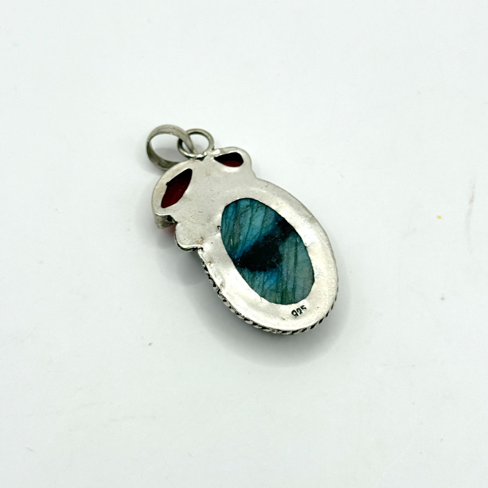 Vintage Rough Labradorite Garnet Gemstone Pendant Sterling Silver 925 Charm Blue
