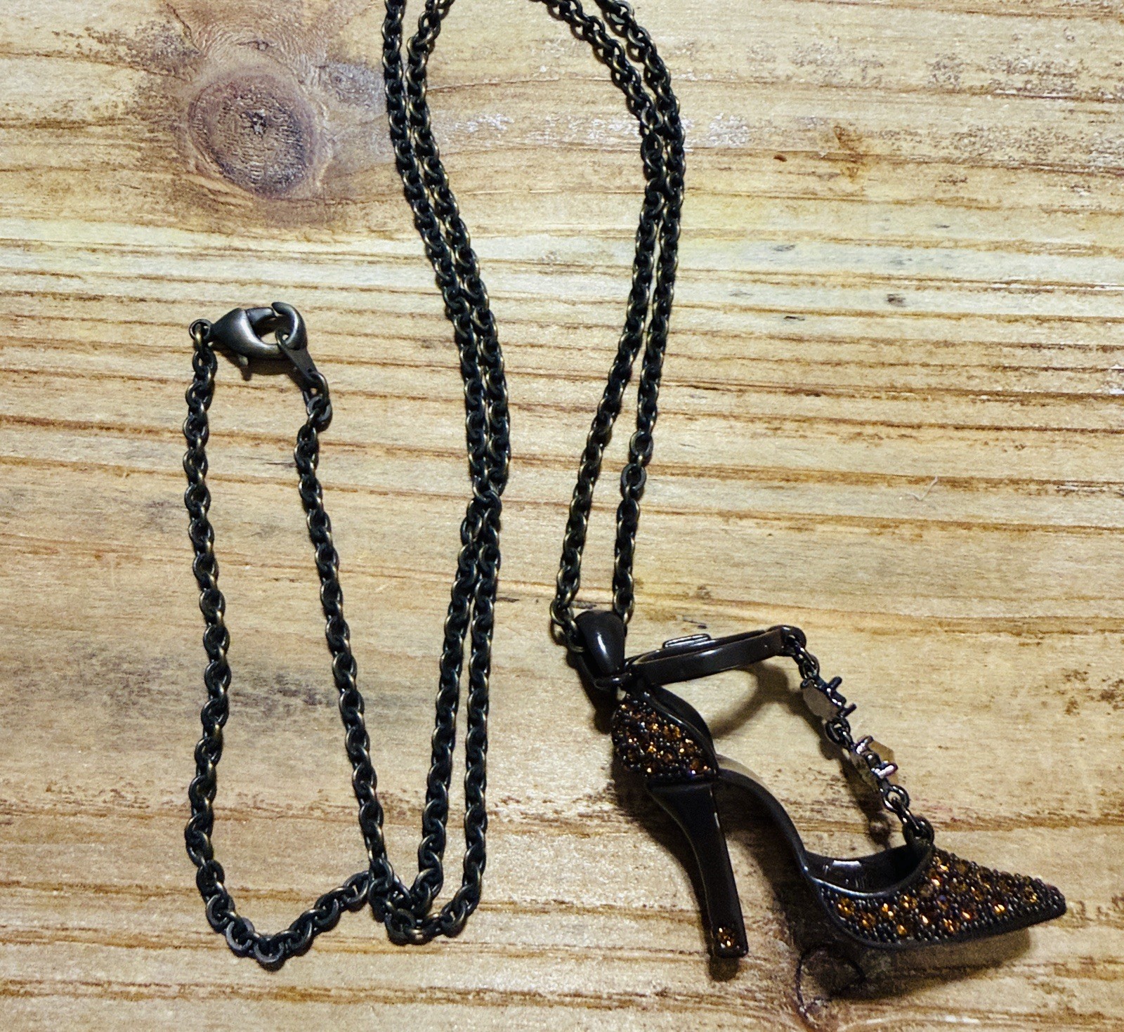 Vintage Silver Tone Orange Rhinestone Heels Show Pendant Statement Necklace
