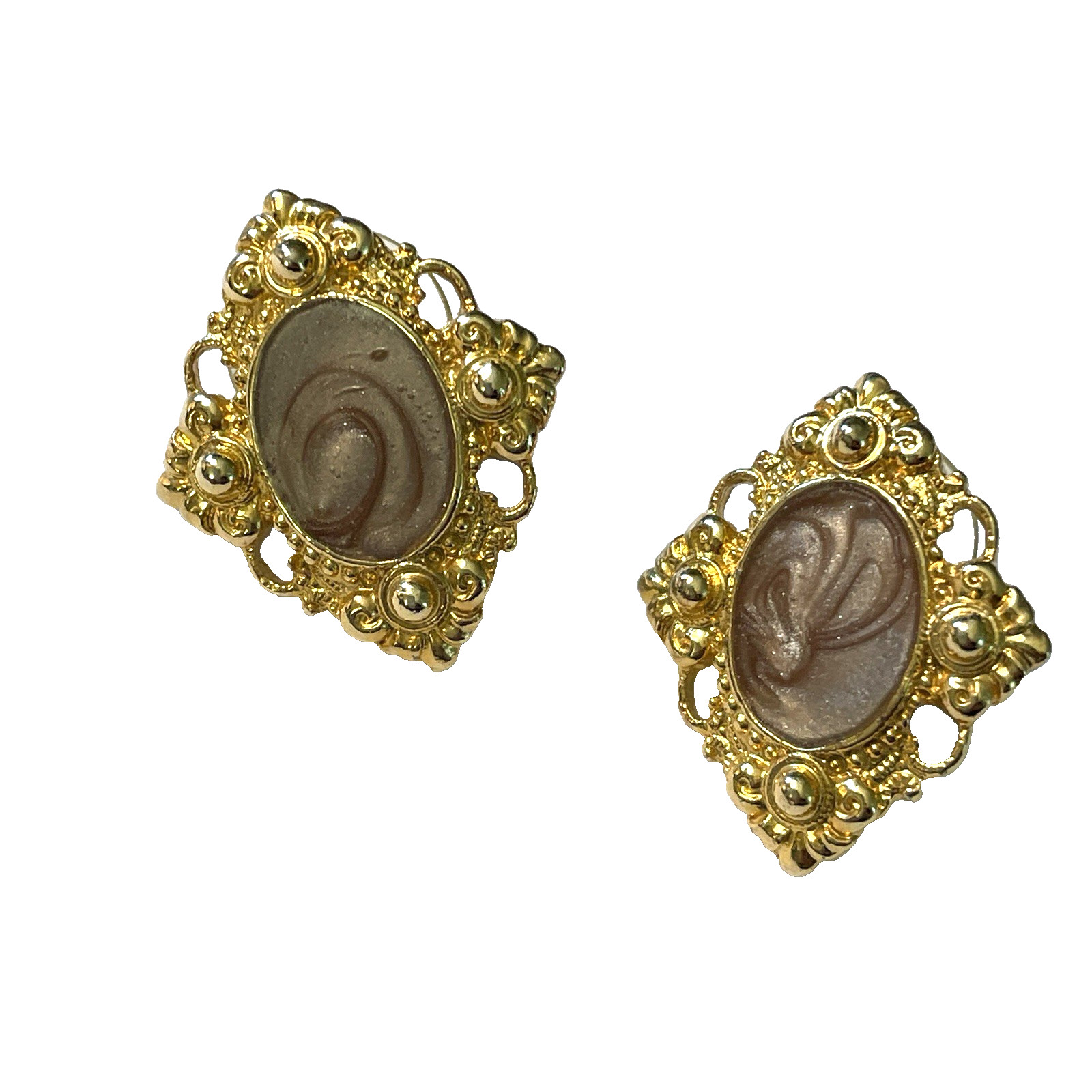 1928 Jewelry Brand Earrings Ornate Goldtone Setting w Oval Enamel Swirl Pierced