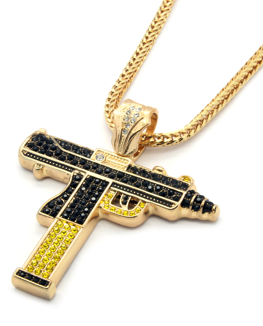 Gold Plated Black/Yellow Gun Uzi Pendant Cubic Zirconia Hip-Hop 36″ Franco Chain