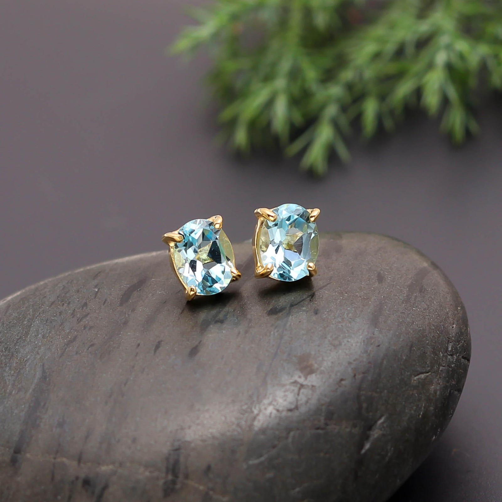 Natural Sky Blue Topaz Oval Stud Earrings Gold Fill 925 Sterling Silver Jewelry