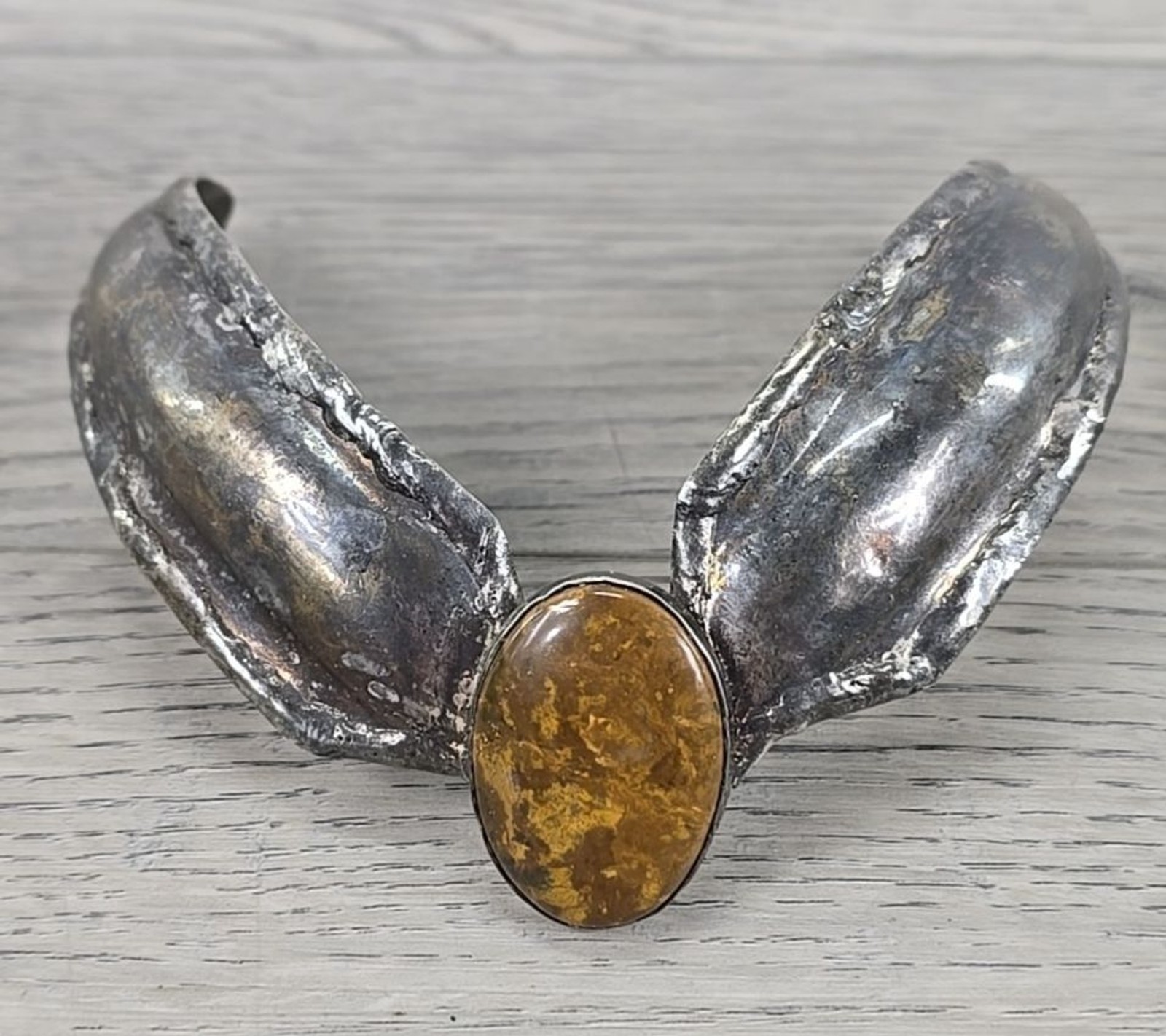 Vtg Artisan India Sterling Silver w/ Brown Agate Stone Brutalist Collar Necklace