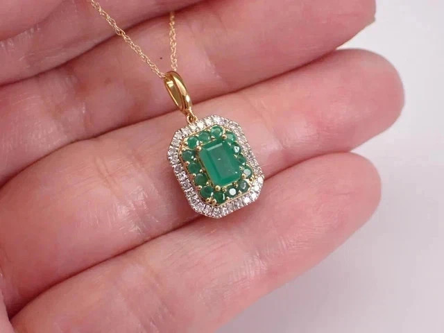 2.50Ct Emerald Cut Simulated Green Emerald Halo Pendant 14K Yellow Gold Plated