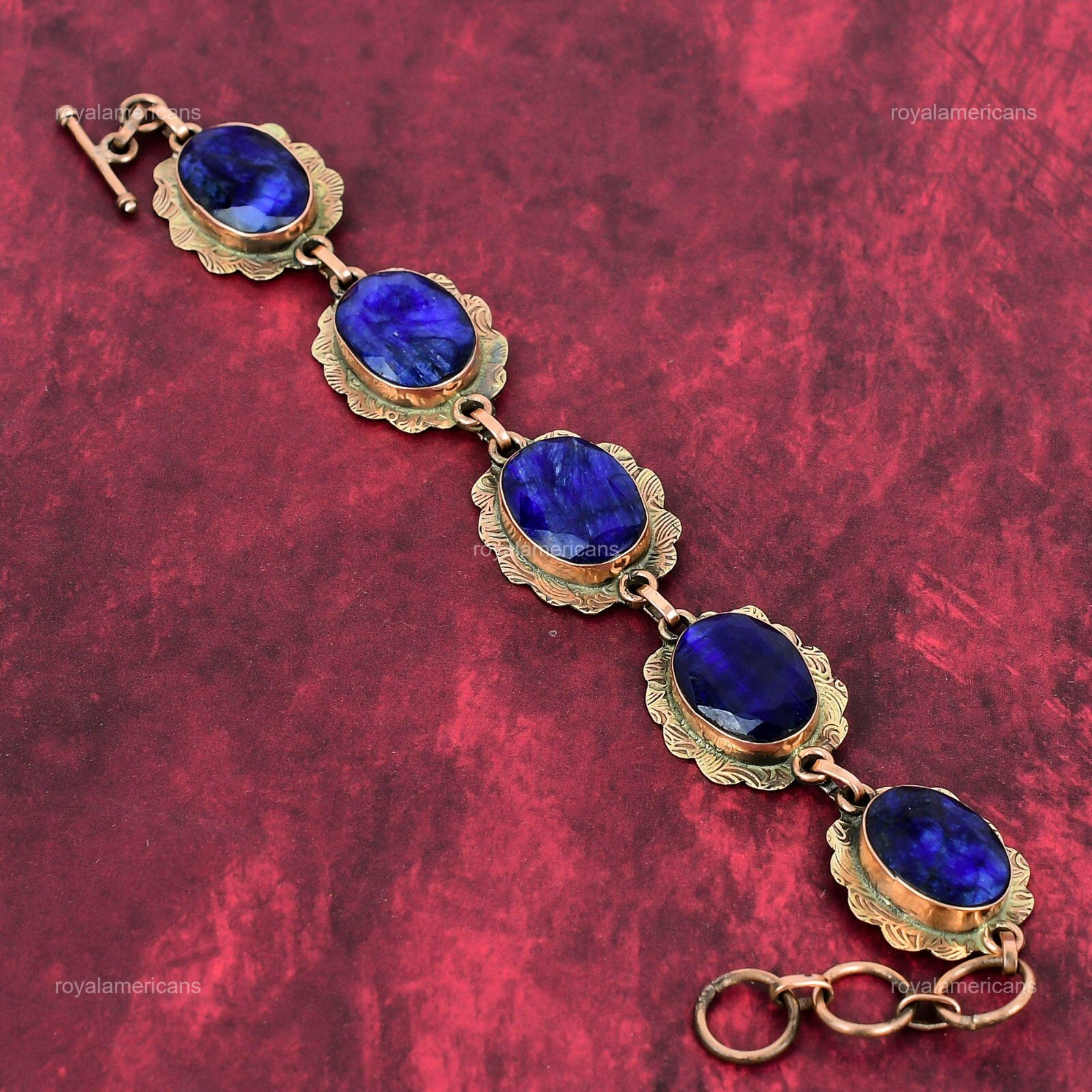 Womens day Deal Copper Blue Saphire Gemstone Chain Wire Wrapped Twisted Bracelet