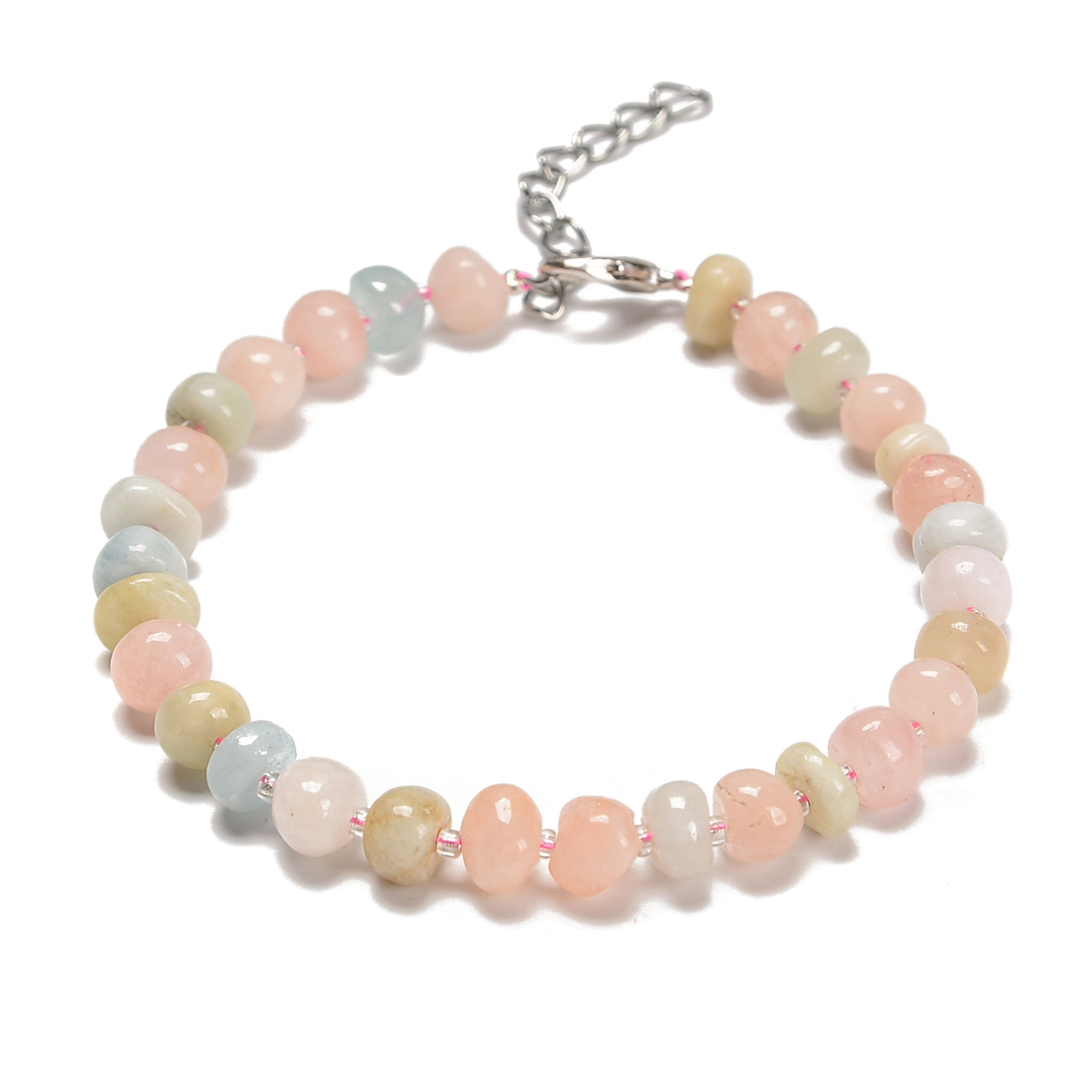 Morganite Rondelle Wheel Beaded Bracelet Silver Plated Clasp 3-5x7mm 7.5″ Length