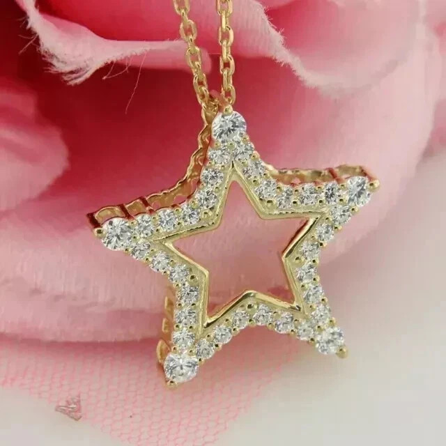 14k Yellow Gold Plated 1.50Ct Round Simulated Diamond Star Pendant Free 18″Chain