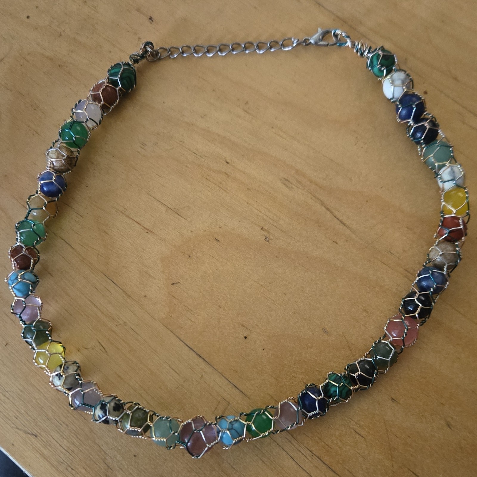 Multicolor Crystal Gemstone Wire-Wrapped Statement Necklace Chain Hand Made