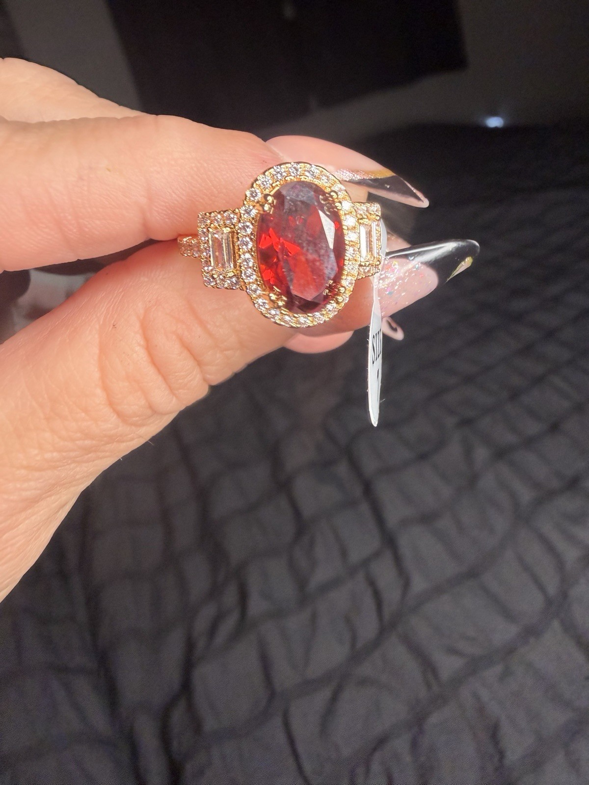 Size 7 AAA CZ Ruby Red Halo Ring 18K Gold Filled Over Brass