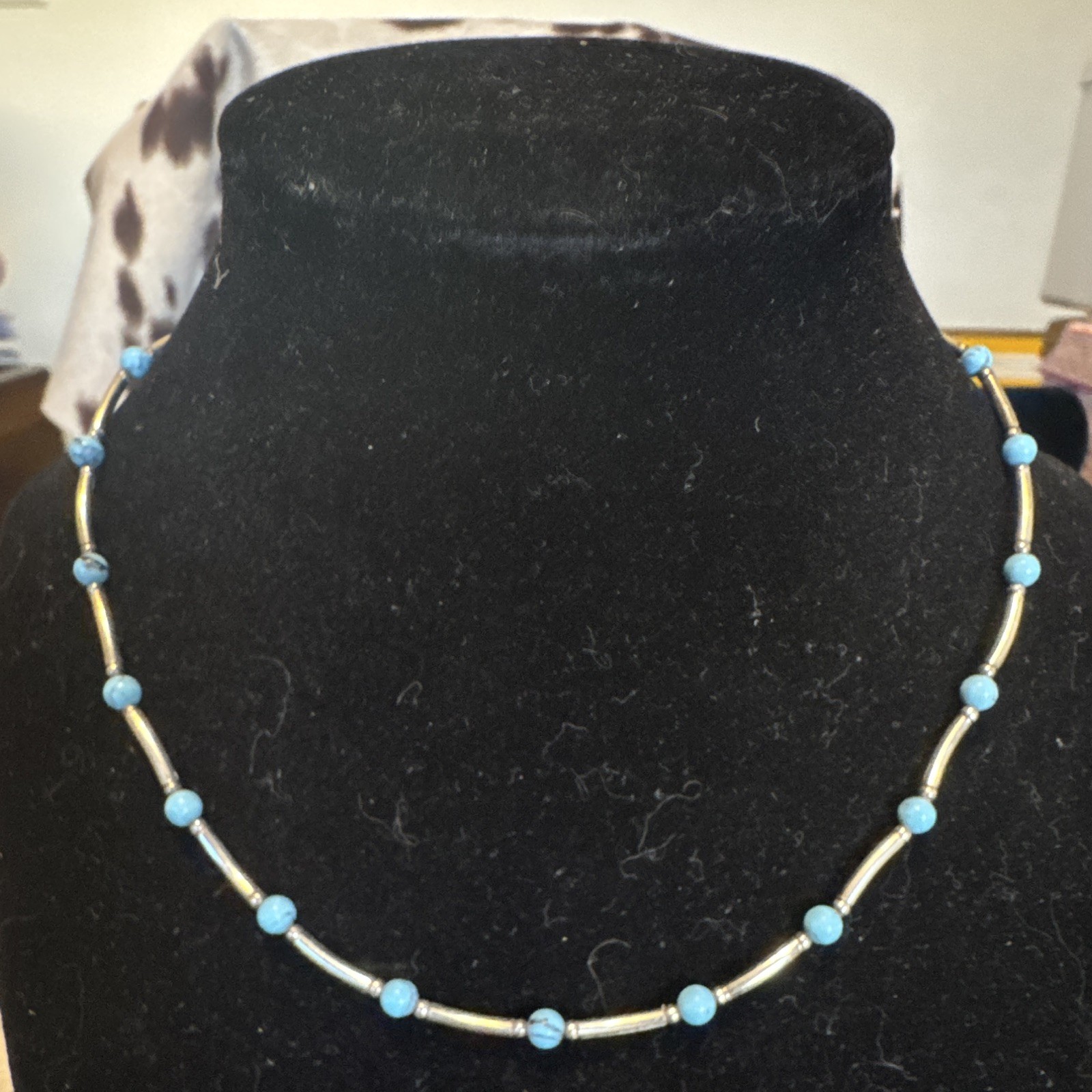 Navajo 925 Sterling Silver Turquoise Blue Round Beaded Necklace 15in Spring Ring
