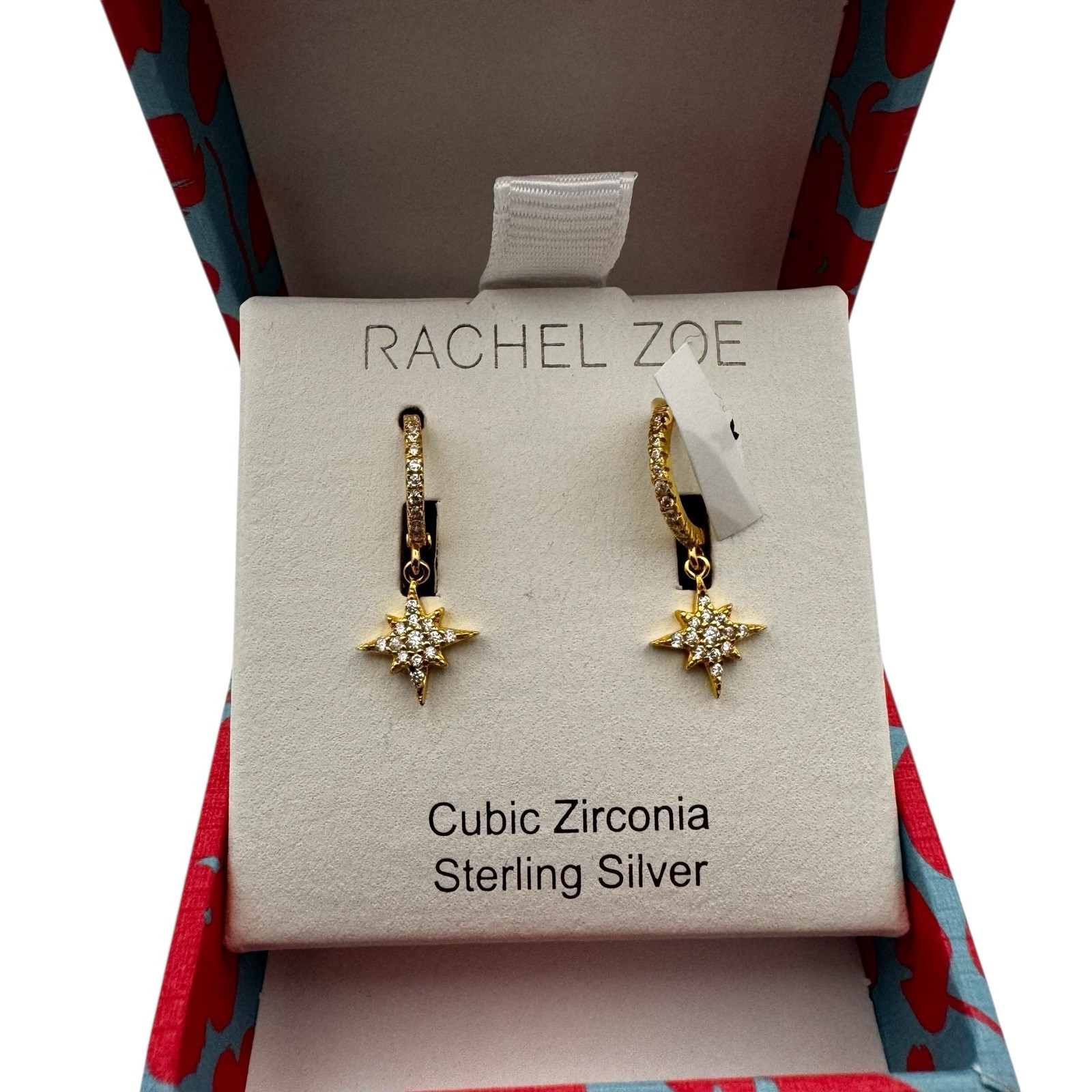 Rachel Zoe Sterling Silver Gold Color Star Hoop Earrings Cubic Zirconia Stones