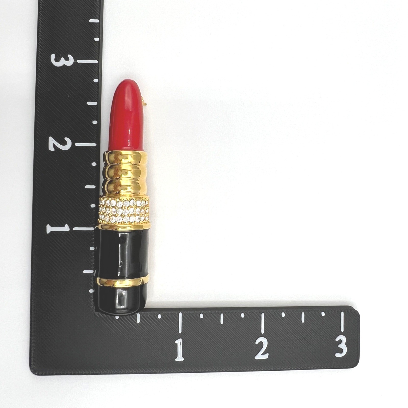 Kenneth Jay Lane KJL Lipstick Brooch Red Black Enamel Rhinestone Gold Tone Pin