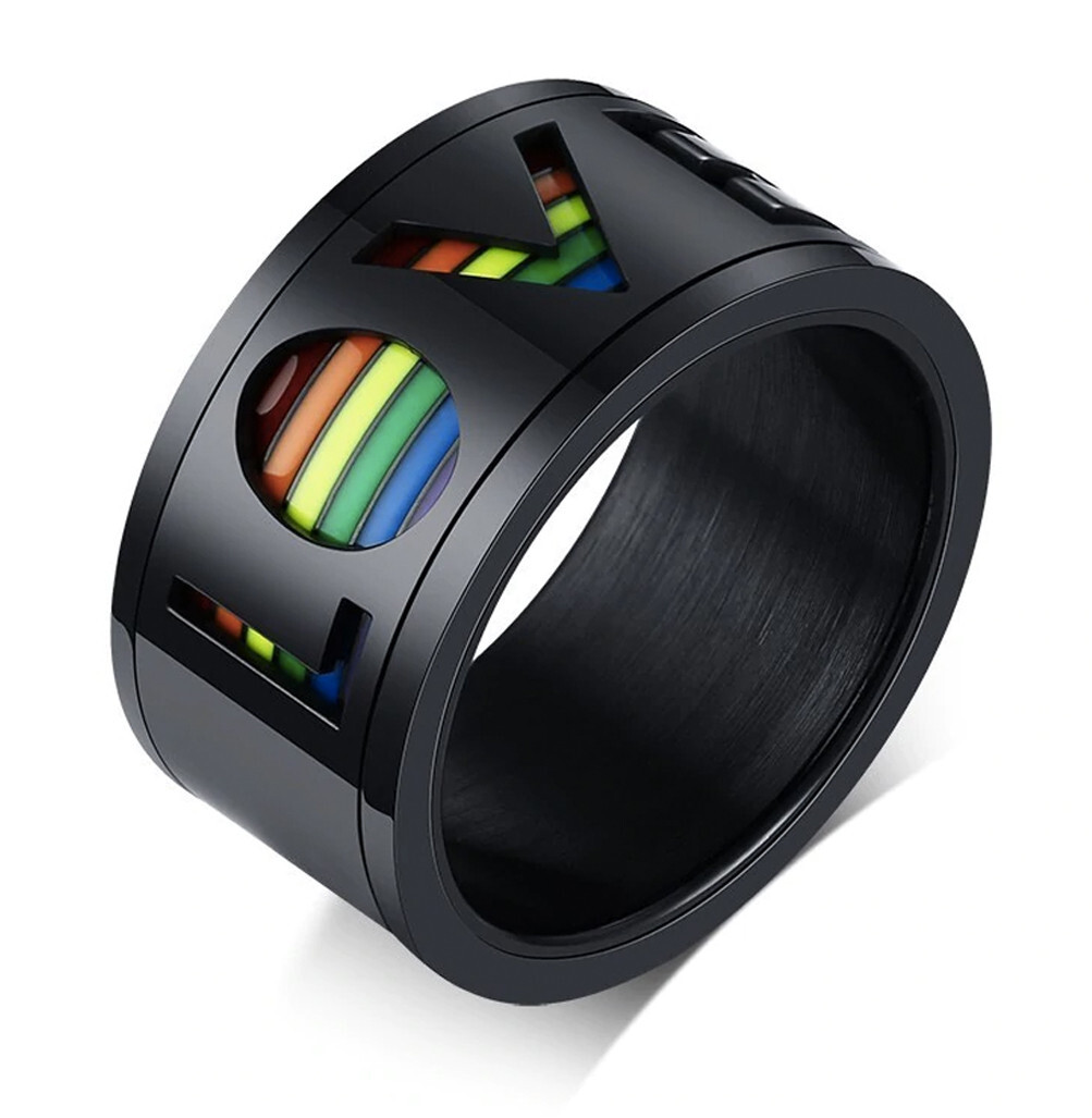 Pride Shack – Black Rainbow LOVE Spinner Ring LGBTQ Lesbian Gay Pride Ring Steel