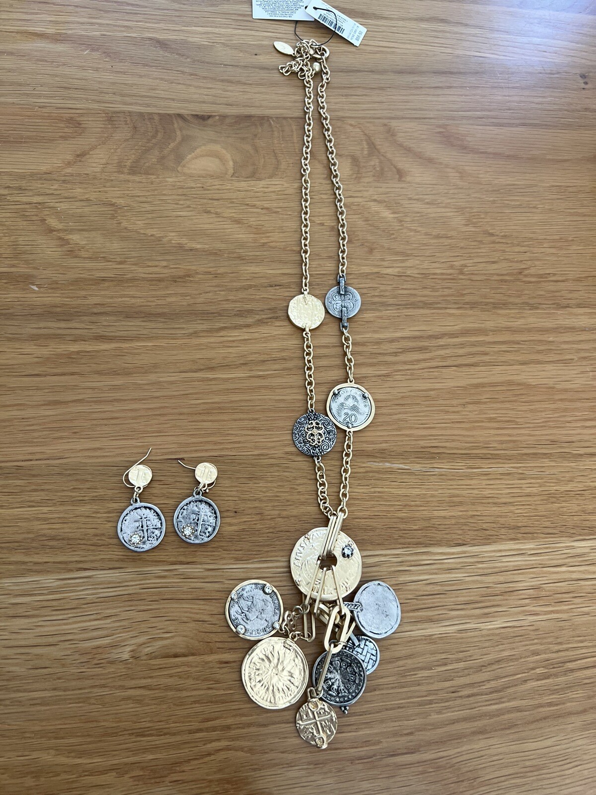 NWT CHICO’S Silver Goldtone Dangle Coins 24″ Necklace & Earrings W101