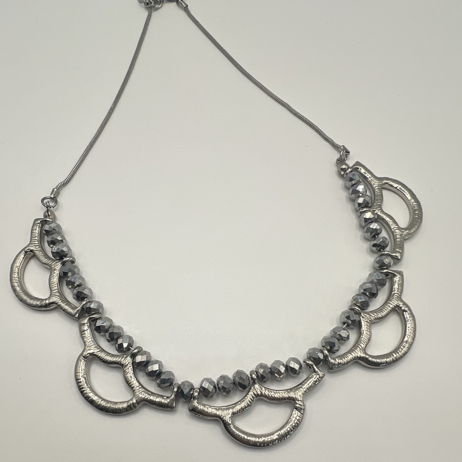 Silver Tone Gray Beaded Statement Necklace, Crystal Pavé, Snake Chain Adjustable