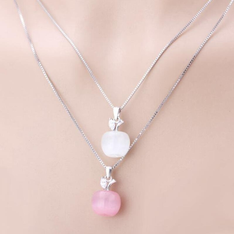 Apple Crystal Pendant Necklace Silver Chain Teacher Gift Fruit Charm Jewelry