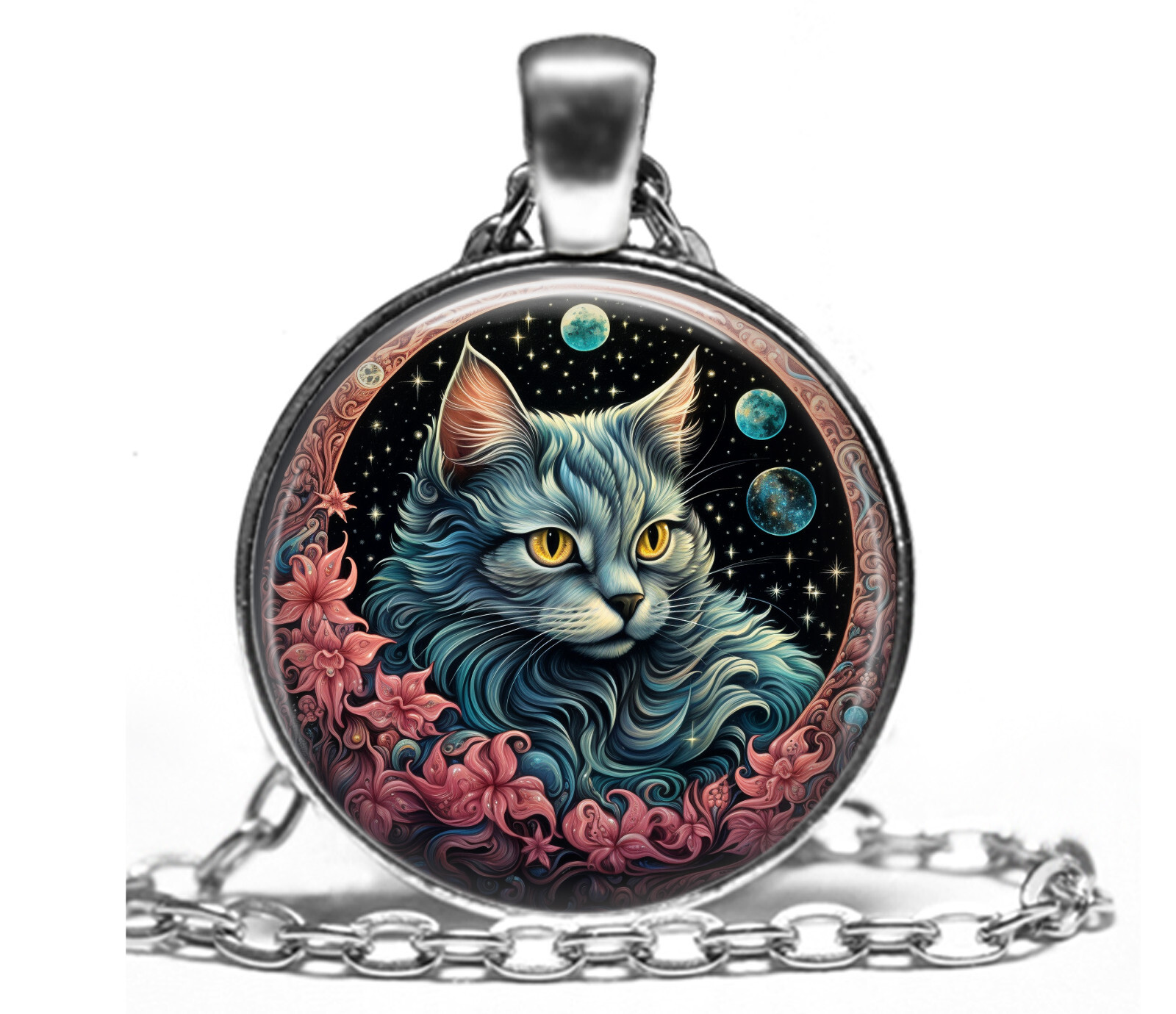 Cosmic Cat Gift Pendant Necklace 24″ Chain Cat Lover Jewelry Gifts