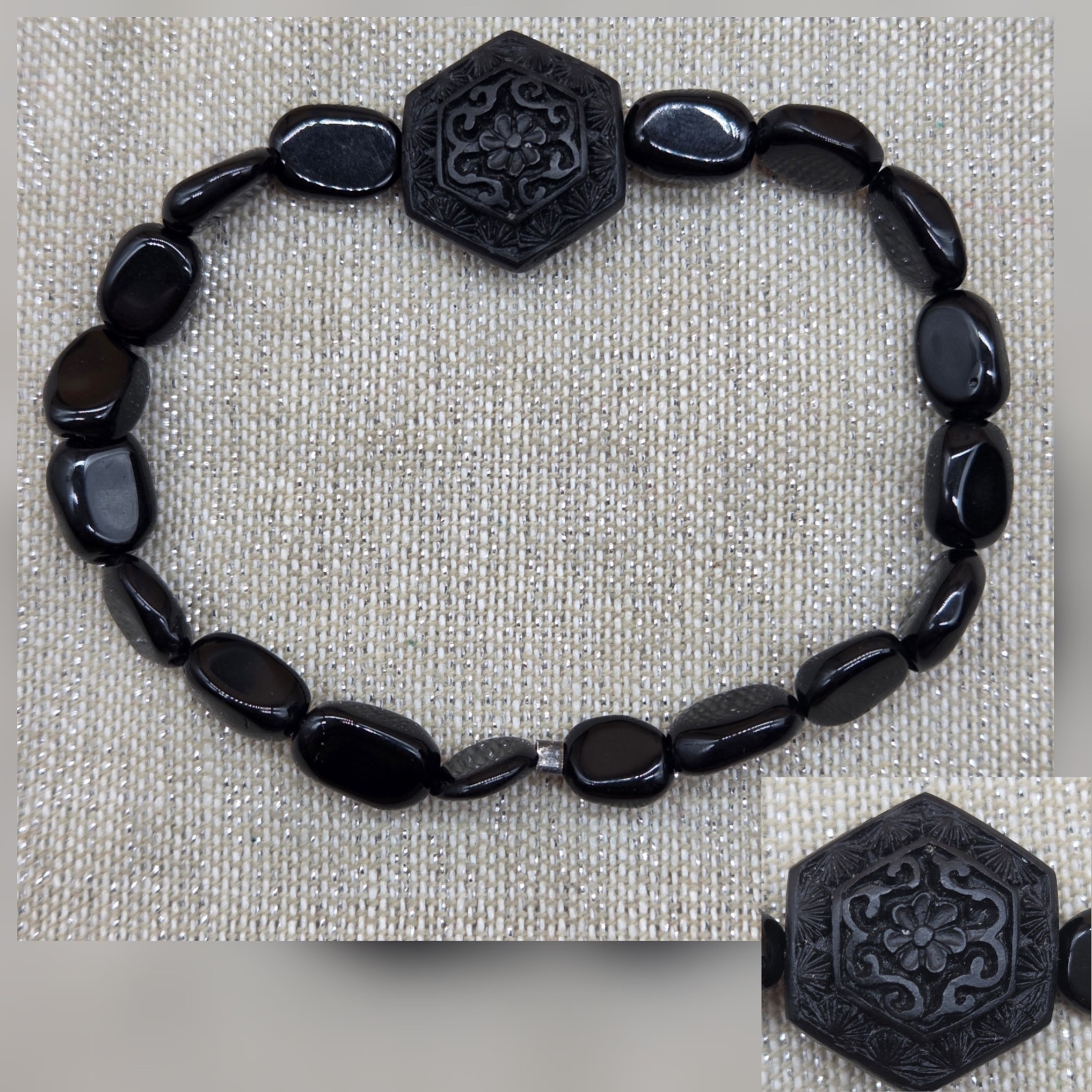 Black Carved Bead Stretch Elastic Beaded Bracelet