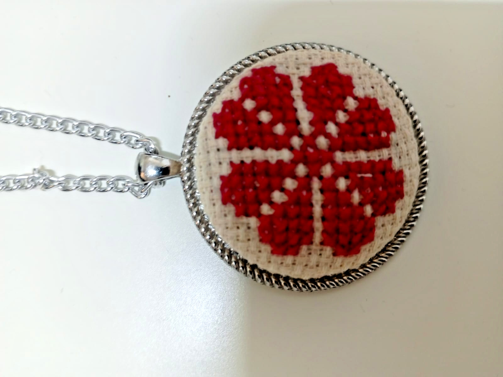 Handmade Cross Stitch Aida Fabric Pendant Necklace Stainless Steel Chain