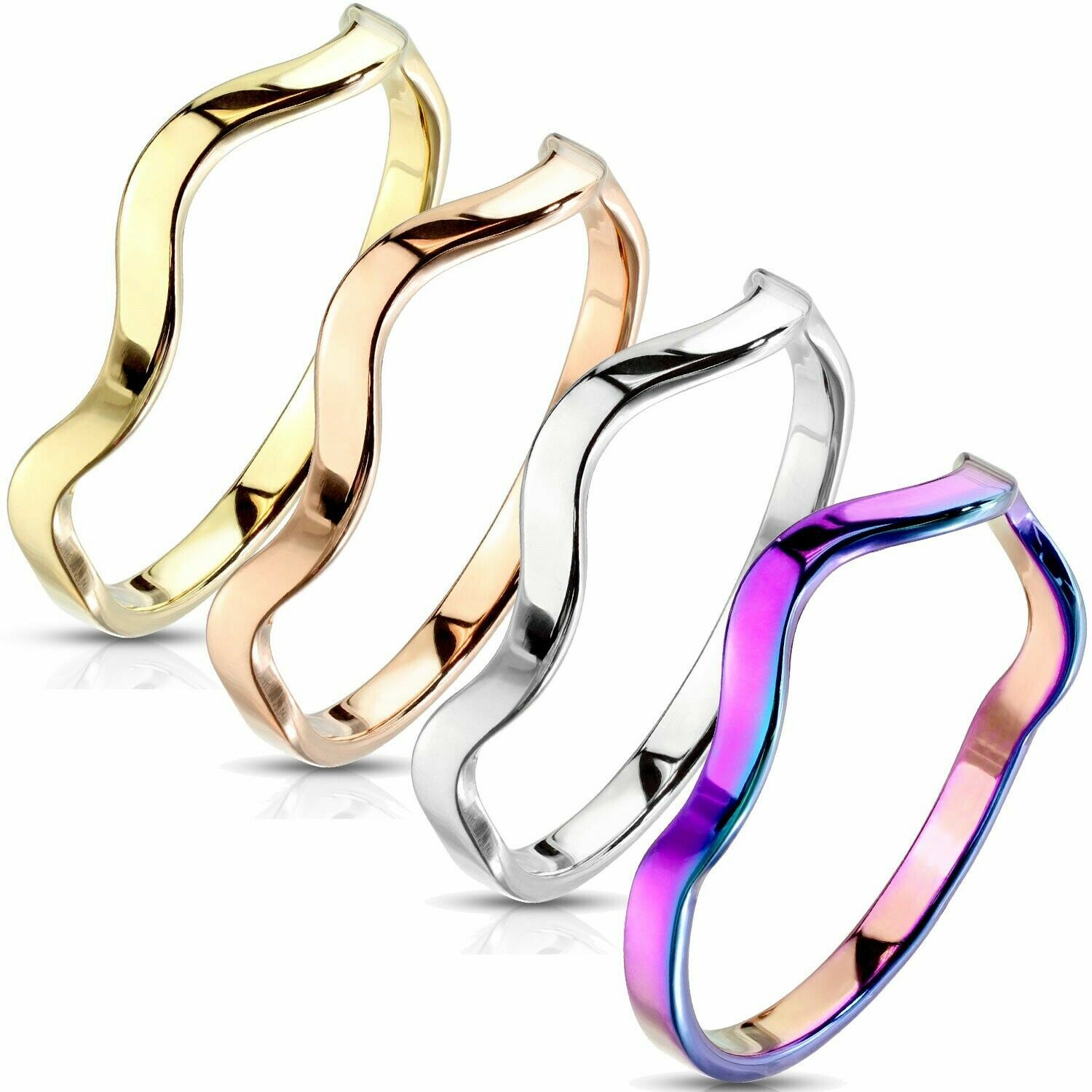 Stainless Steel Wave Line Stackable Band Ring Rainbow Rose Gold Silver Plated